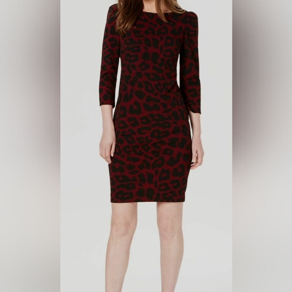 Calvin Klein Burgundy and Black Leopard Print Sheath Dress Sz 10